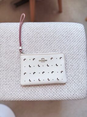 Coach White Wristlet with Pink Strap and Gold Hardware